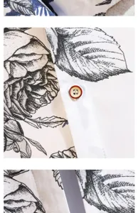 Detail shot of summer casual floral short sleeve shirt fabric texture and button design.