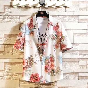 Men's summer Hawaiian floral short sleeve cardigan shirt casual loose plus size holiday top