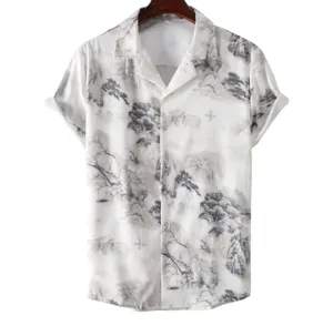 Ink landscape print men short sleeve shirt detail view showcasing traditional chinese art style design.