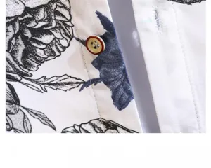 Close-up detail of summer short sleeve shirt featuring floral print and button placket.