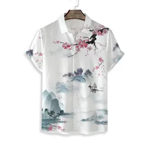 Details of men's short sleeve shirt featuring digital print Chinese ink landscape and blossoms.