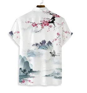 Men's casual short sleeve shirt featuring Chinese ink landscape and cherry blossom print.