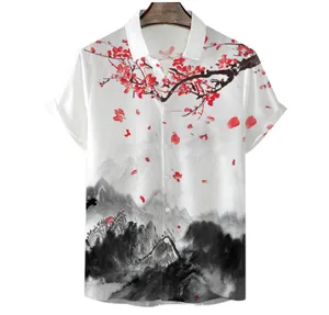 Ink wash landscape and red plum blossom print detail on mens short sleeve shirt surface.