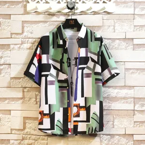 Men's Casual Short Sleeve Lapel Shirt Summer Beach Vacation Loose Fit Digital Printed Polyester Cardigan Top