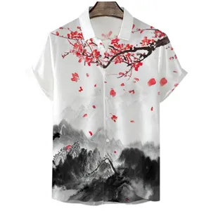 Men's Casual Short Sleeve Shirt 3D Digital Print Ink Landscape Design Turn-down Collar Button Cardigan Summer Top