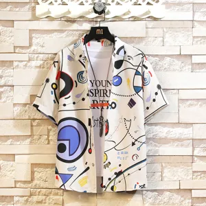 Summer men short sleeve lapel shirt casual geometric abstract print couple streetwear