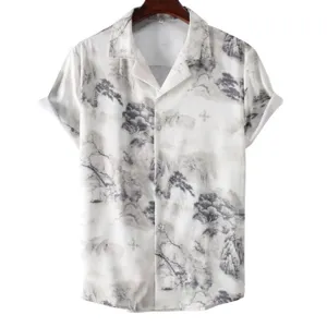Men's short sleeve casual shirt featuring a traditional Chinese ink landscape print design.