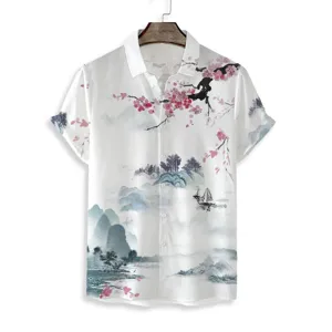 Men's short sleeve shirt with traditional Chinese landscape ink painting print for summer.