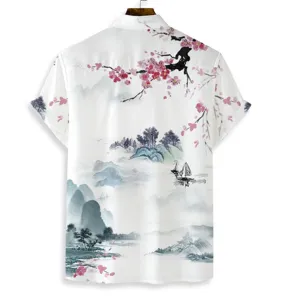 Men's short sleeve casual shirt in white with Chinese ink landscape 3D print, front view.