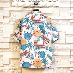 Summer casual hawaiian beach short sleeve shirt, back view displaying holiday style.