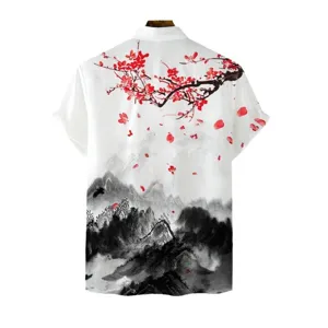 Men's casual short sleeve shirt summer 3D digital print ink landscape painting white top