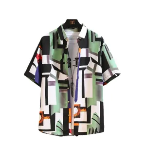 Summer new short sleeve lapel geometric print trendy casual beach shirt for men