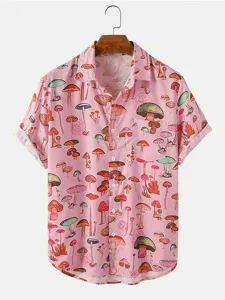 Herren Kurzarm Freizeithemd Rosa 3D Pilz Muster Sommer Hawaiihemd Knopfleiste Top