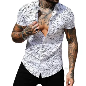 Men's Short Sleeve Casual Shirt Black and White Splatter Print Summer Hawaiian Top