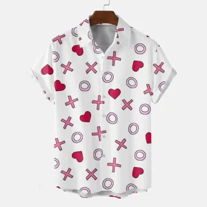 Summer men short sleeve lapel casual button shirt with cute pink heart graphic print pattern.