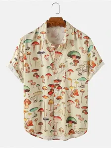 Herren Freizeit Kurzarm Hemd mit Knöpfen und farbigem Retro Pilz Allovermuster Print Design.