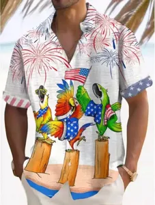 Men's summer short sleeve shirt with vibrant digital print patriotic tropical parrot design.