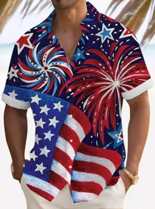 Men's American flag short sleeve shirt summer casual beach patriotic button down top.