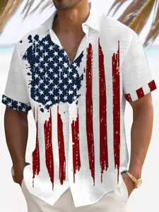 Men's summer casual short-sleeve shirt with American flag digital print, detail view.