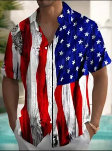 Men's summer short sleeve button down shirt with US flag and wood grain print casual top.