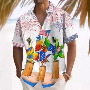Men's Casual Short Sleeve Shirt Summer Loose Fit Turn-Down Collar Button Down Digital Print Vintage Holiday Shirt Top