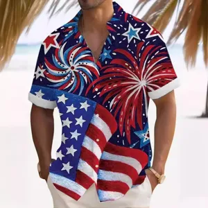 Men's casual short sleeve shirt summer patriotic print fashion beach top wear stylish