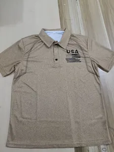 Detailed view of the men's tactical polo shirt collar and USA chest print in khaki color.