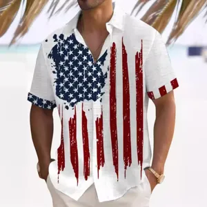 Men summer short sleeve casual shirt with American flag print, vintage style fashion top.