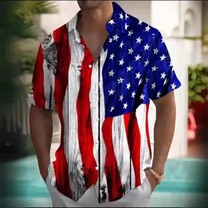 Men's summer short sleeve casual button-down shirt with US flag wood grain digital print.