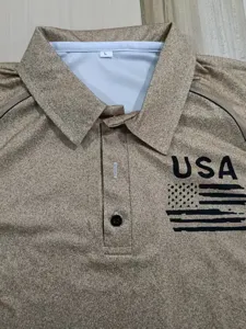 Men tactical outdoor sports polo shirt detail close up with US flag print and collar size L.
