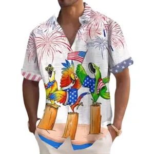 Men's casual short-sleeve tropical shirt with patriotic parrot and fireworks graphic print.