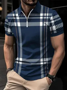 Polo court zippé pour homme avec motif à carreaux classique, haut d'été slim et décontracté.
