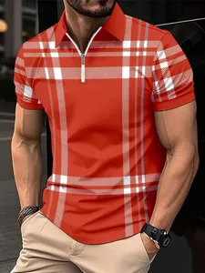 Chemise polo homme manches courtes zippées été rouge à carreaux haut streetwear confortable
