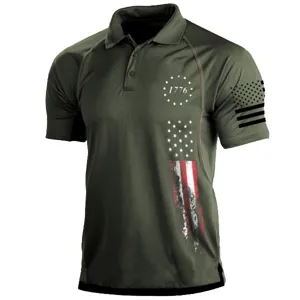 Heren Legergroen 1776 Amerikaanse Vlag Print Tactisch Polo Shirt Korte Mouw Casual