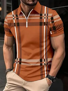 Homme chemise polo zippée à manches courtes carreaux classique haut décontracté été