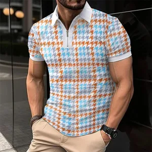 Polo homme à manches courtes imprimé 3D avec zip haut d'été décontracté motif pied-de-poule