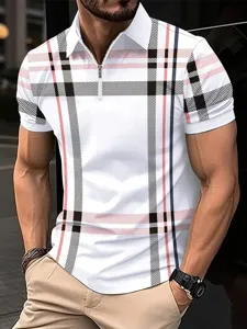 Polo à manches courtes et fermeture éclair pour homme avec imprimé à carreaux classique.