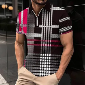 Men's Short Sleeve Zip Polo Shirt Casual Fashion 3D Print Plaid Summer Apparel.