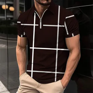 Close-up view of the men's short sleeve polo shirt featuring a stylish white grid print design.