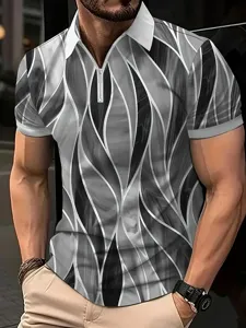 Detail du polo homme imprime en 3d avec fermeture eclair et motif abstrait elegant.