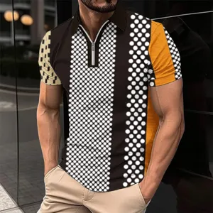 Men's short sleeve 3D digital printed polo shirt detail showing collar zipper design.