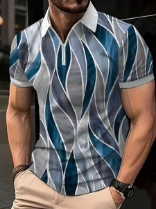 Polo homme à manches courtes et zip avec imprimé vague 3D abstrait, haut de mode d'été décontracté.