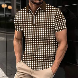 Men casual short sleeve zipper polo shirt with trendy brown and white plaid pattern.