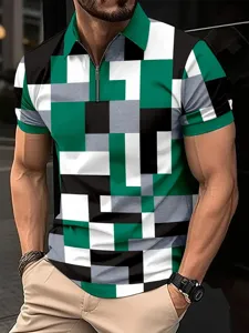 Polo homme bloc de couleur géométrique zippé manches courtes haut décontracté été mode