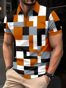 Chemise Polo zippée à manches courtes imprimé géométrique 3D homme vue détaillée