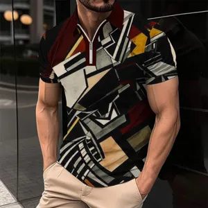 Men's short sleeve polo shirt with abstract geometric 3D print, half-zipper and lapel collar.