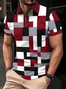 Polo homme manches courtes imprimé géométrique avec fermeture éclair, haut d'été décontracté.
