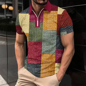 Men's short sleeve polo shirt with 3d digital patchwork print and contrast zipper collar.
