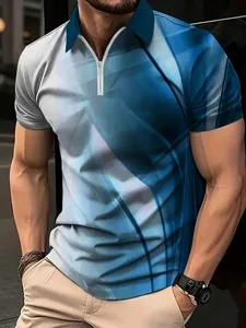 Detail du polo homme imprime geometrique 3D a manches courtes et fermeture eclair bleu degrade.
