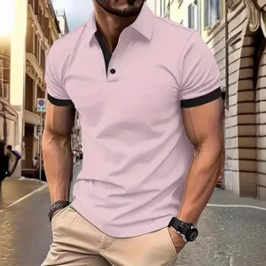 Men's short sleeve polo shirt casual contrast collar solid color summer fashion daily wear top